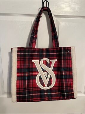 Victoria's Secret Red Plaid Tote with White Sherpa Trim and Monogram